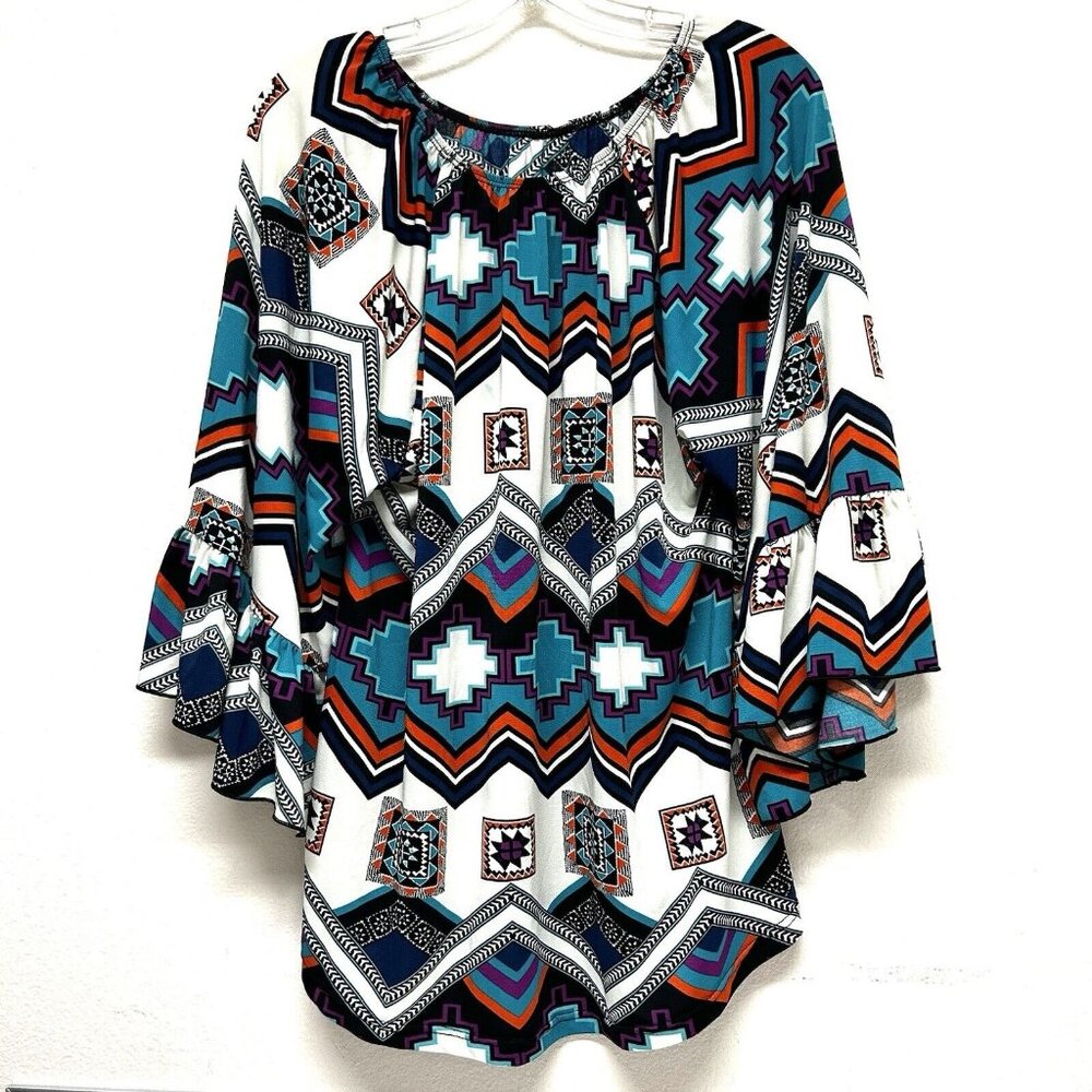 Lady's World Blouse Round Neck Blouse Fair Isle Stretch Aztec western L Multicol
